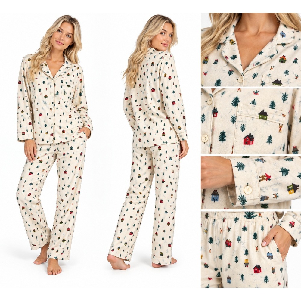 Hanna Andersson Pajama Set Women M Cream Winter Village Flannel Button Down 2PC